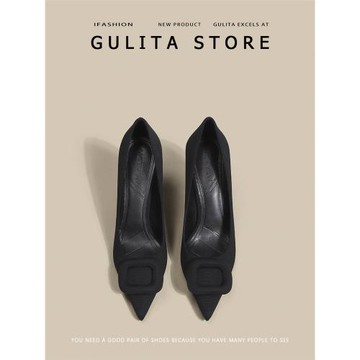 古莉塔氣質百搭尖頭黑色法式高跟鞋女御姐性感細跟方扣淺口單鞋女