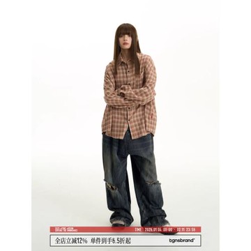 TGNS秋季磨毛格子襯衫女橘色格紋襯衣外套男美式復古長袖情侶上衣