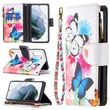 適用三星A54 A34 A24 A14 A13 5G 4G拉鏈包彩繪手機皮套A04保護殼M14軟翻蓋插卡支架蝴蝶A23E A15 A25 5G
