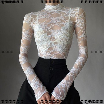 超實惠 九 長袖女上衣 T恤長袖 法式輕奢風蕾絲網紗長袖T恤女輕薄透視防曬衫修身辣妹上衣
