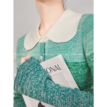 Plum Jan/針織衫上衣女早春綠色娃娃領法式肌理感毛衣輕奢高級感