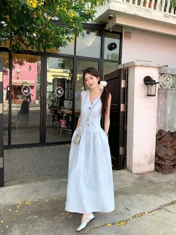 【missy shop】拉齊奧海色造型飾釦收腰洋裝-81506