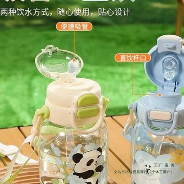 兒童水杯大容量Tritan塑料水壺雙飲蓋便攜吸管杯學生背帶水壺居家