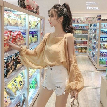 網紅一字領露肩超仙的上衣女潮新薄款泫雅雪紡小襯衫套頭洋氣