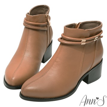 🧨開運專區最高現折2026🧨Ann’S頂級小羊皮真皮 雙層繞帶尖頭粗跟短靴5cm-可可