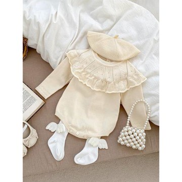 嬰兒衣服秋裝女寶寶公主純棉針織包屁衣套裝百天周歲禮服線衣爬服