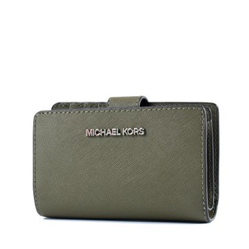 MICHAEL KORS 銀字LOGO素面防刮皮革釦式中夾-橄欖綠