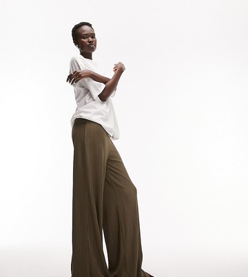 Topshop Tall plisse wide leg tousers in khaki-Green