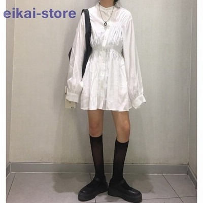シャツワンピース ワンピース レディース 長袖 春 秋 ミニ丈 黒 白 チュニックワンピース スタンドカラー シンプル ウエストマーク 通販 Lineポイント最大get Lineショッピング
