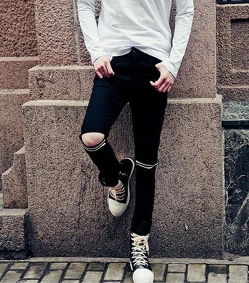 FINDSENSE品牌 男 時尚 街頭 潮 破洞 個性橫條紋貼布 牛仔褲 九分褲 小腳褲 窄管褲