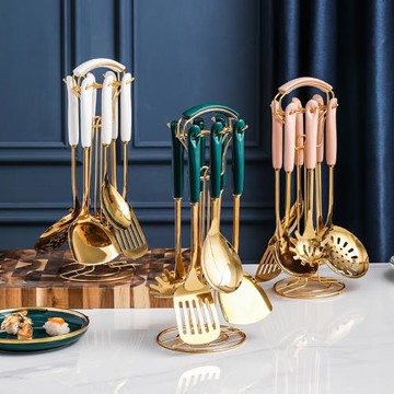 鍋鏟套裝家用炒菜鏟子304不銹鋼廚房用品大全置物架耐高溫炒湯勺