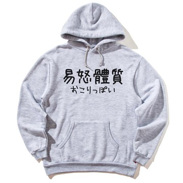 日文易怒體質 #2 前圖款 長袖刷毛連帽T 中性版 灰色 漢字日文英文文青中國風
