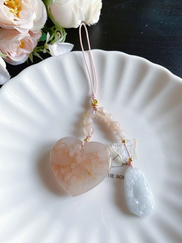 櫻花瑪瑙 愛心 水中花 蝴蝶琉璃 天然石 禮物 設計款 手機