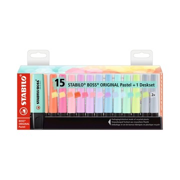 【德國天鵝STABILO】BOSS ORIGINAL Pastel 波士馬卡龍色經典螢光筆 15色桌上展示組經典色(ST7015-01-5)