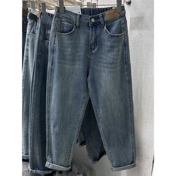 老爹牛仔褲女春季2025新款梨形身材大碼胖mm松緊腰直筒寬松哈倫褲