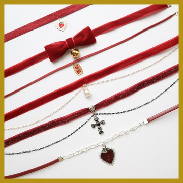 安可拉紅飾品 愛心十字架酒紅色天鵝絨頸鏈 Choker鎖骨鏈項鏈女