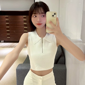 立領無袖針織背心【J122】Sandy33實拍春夏新款韓系INS休閒百搭氣質拉鍊翻領露肩上衣 坑條背心小背心