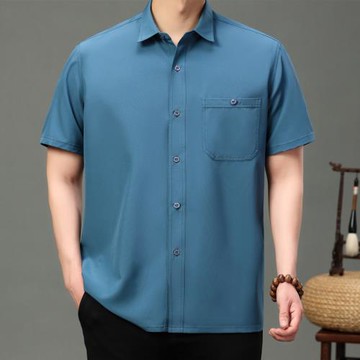 夏季薄款男士冰絲短袖襯衫爸爸夏裝中老年人寬松大碼襯衣爺爺衣服