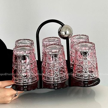 高級感菱格粉色寶石水晶杯客廳待客茶杯喝水杯套裝果汁杯喬遷禮物