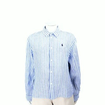 Polo Ralph Lauren Pony小馬刺繡 100%亞麻藍白條紋長袖襯衫(女款)