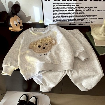 台灣現貨 兒童秋冬季 花灰色小熊長袖套裝 立體公仔套裝 韓版棉質套裝 姊弟套裝 A01