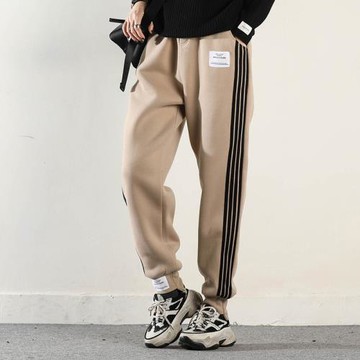 束腳加絨加厚拼接休閑垮褲女冬季條紋運動衛褲寬松大碼胖mm哈倫褲