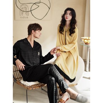 妮狄婭情侶睡衣秋季冰絲女寬松睡裙翻領開衫長袖休閑男家居服套裝