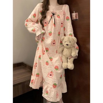 帶胸墊睡裙女春秋可外穿長袖睡衣女2025新款夏天秋冬卡通草莓熊