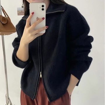 [米蘭精品] 針織外套長袖毛衣-寬鬆翻領雙拉鍊女外套6色74ik51