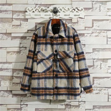 23秋冬季加厚保暖毛呢大衣個性中長款撞色大口袋外套襯衫領夾克潮