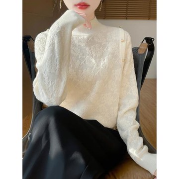 米白色花邊領套頭內搭羊毛蕾絲衫女2025冬季慵懶風提花打底衫上衣