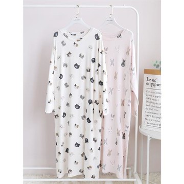 春秋季日系莫代爾睡裙滿印貓咪兔子圓領長袖女家居服卡通寬松睡衣