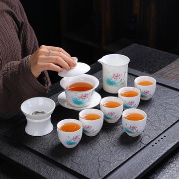 廠家批發高白羊脂玉瓷茶具套裝中式陶瓷蓋碗茶杯茶具商務禮品Logo