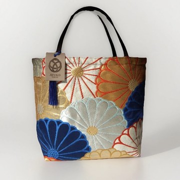 獨一無二真絲和服袋帶托特包, 日本手工刺繡升級改造包, 和風藝術