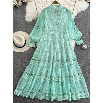 法式復古宮廷風氣質長袖V領收腰顯瘦蕾絲拼接網紗連衣裙仙女裙子