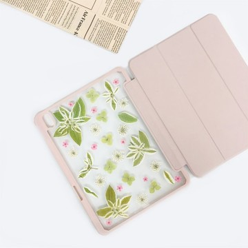 綠葉粉紅白花手工押花iPad殼 iPad Air 11寸13寸iPad Pro11寸13寸