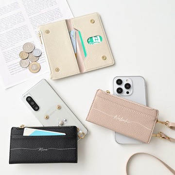 相容於多種型號 旋轉透明智慧型手機保護套 [刻有名字的大號多功能袋] 智慧型手機單肩卡包 零錢包暗色 BE14U