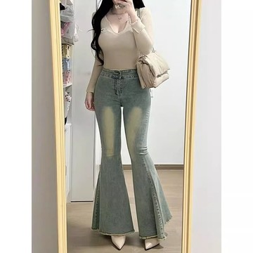 佰分佰/100kg內可穿/大尺碼女裝/微喇牛仔褲/秋冬穿搭/胖mm/高腰/顯瘦/魚尾喇叭褲/牛仔褲/女生長褲