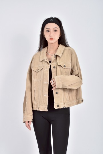 (L) 丹寧牛仔棉質純棉落肩杏色外套