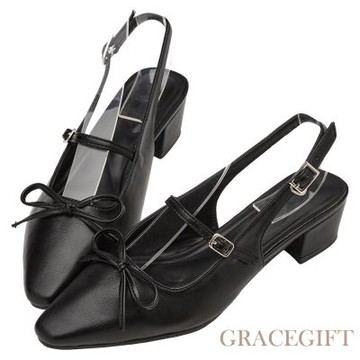 【Grace Gift】韓系小姐姐尖頭蝴蝶結後空跟鞋 黑