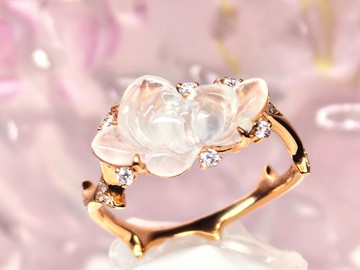 夢幻花園 - 18K玫瑰金白冰蓮花形翡翠戒指