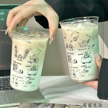 台灣出貨 小狗玻璃杯 ins可愛塗鴉印花玻璃杯翻口杯牛奶果汁咖啡杯高顏值喝水杯耐高溫