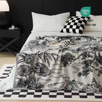 新國風山水仙鶴圖輕奢柔軟大尺寸針織蓋毯 辦公室午休毯蓋毯 拍照