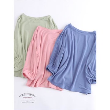 超柔軟細毛圈衛衣女一字領七分袖燈籠袖寬松家居服上衣春秋衛衣