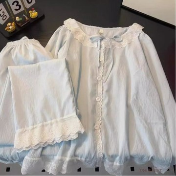 春秋季新款甜美少女長袖睡衣女款簡約花邊兩件套家居服可外穿家居服長袖睡衣女生女生睡衣居家睡衣睡衣女生