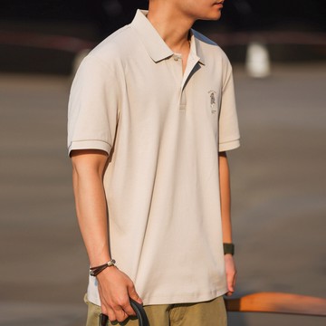 Wuluwear 雙面萊賽爾刺繡短袖Polo衫男寬鬆220g淺卡其涼感翻領TEE