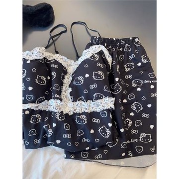黑色kitty冰絲睡衣夏季少女自帶胸墊卡通可愛吊帶上衣短褲家居服