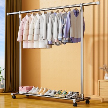 不銹鋼晾衣架落地式超厚晾衣桿出租屋移動式曬衣架帶輪可伸縮衣架