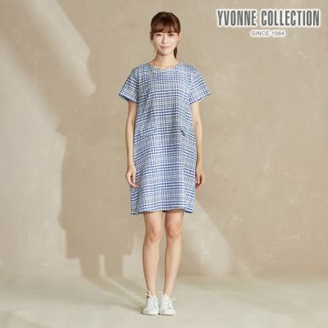 YVONNE 以旺傢飾 皺皺格紋短袖洋裝-藍
