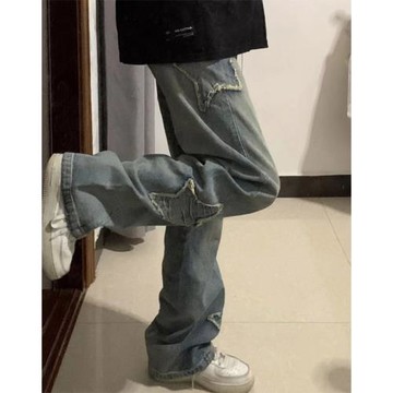 特大碼300斤高街五角星貼布刺繡牛仔褲女春秋季寬松闊腿直筒長褲